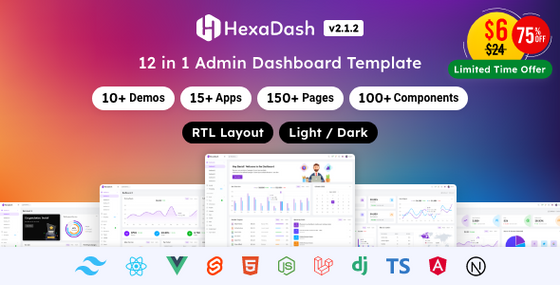 HexaDash | Tailwind, React, Vue, Angular, Svelte, Laravel, Nodejs, Django & HTML Dashboard Template